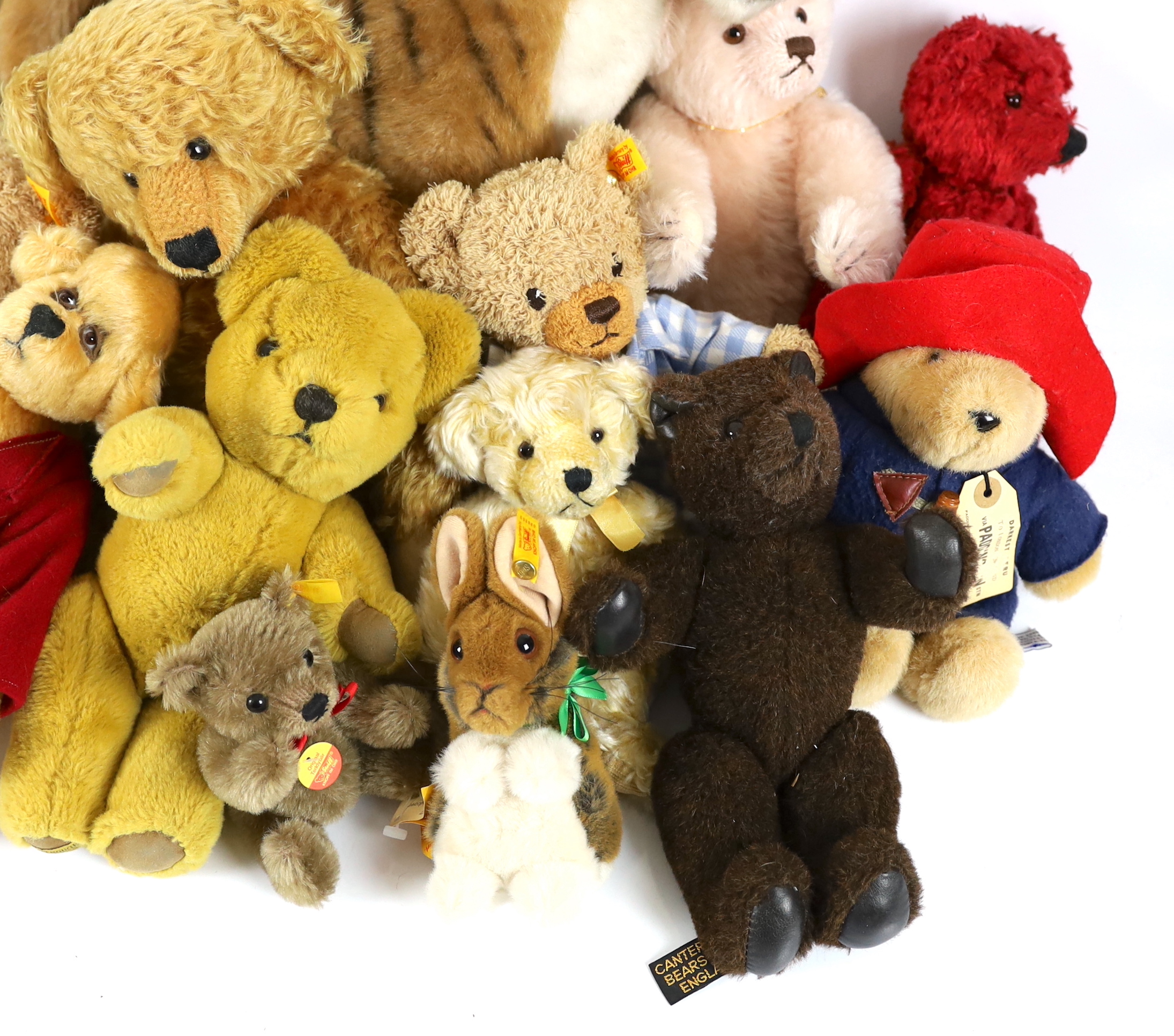 Two modern Collector's bears and a large Merrythought tiger, a Danbury Mint Steiff bear and two other modern Steiff bears (15)